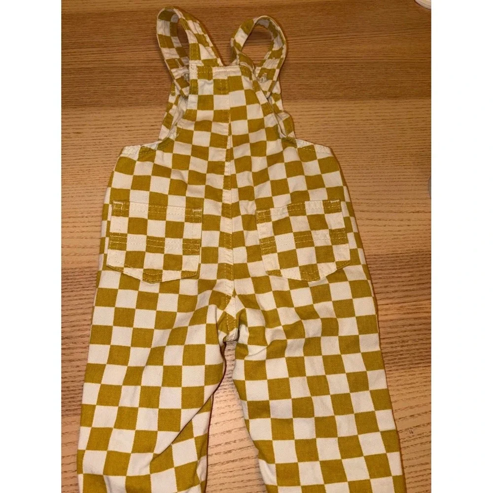Old Navy Kids Mustard Yellow White Checkered Denim Overalls Size 5T Checkerboard